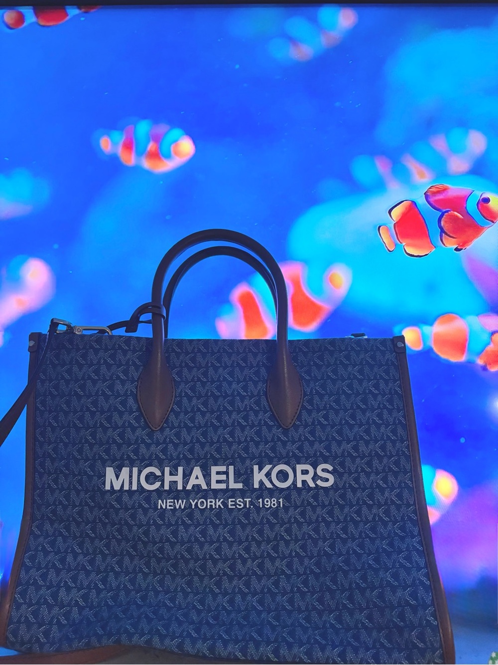 Michael Kors Denim Tote Bag Blue Logo Leather Trim Gold Hardware Womens Handbag